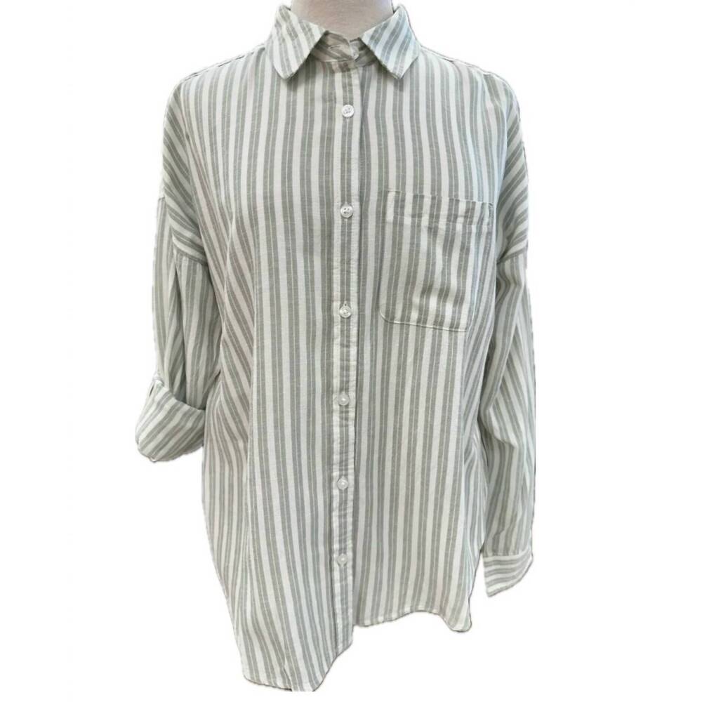 NEW FLAGS & ANTHEM women's vienna boyfriend button down shirt in sage stripe